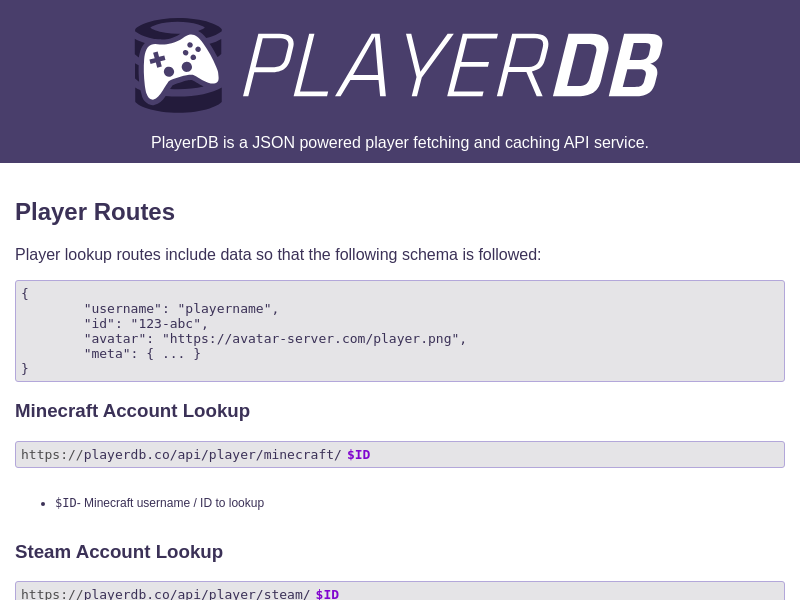 Screenshot of PlayerDB website
