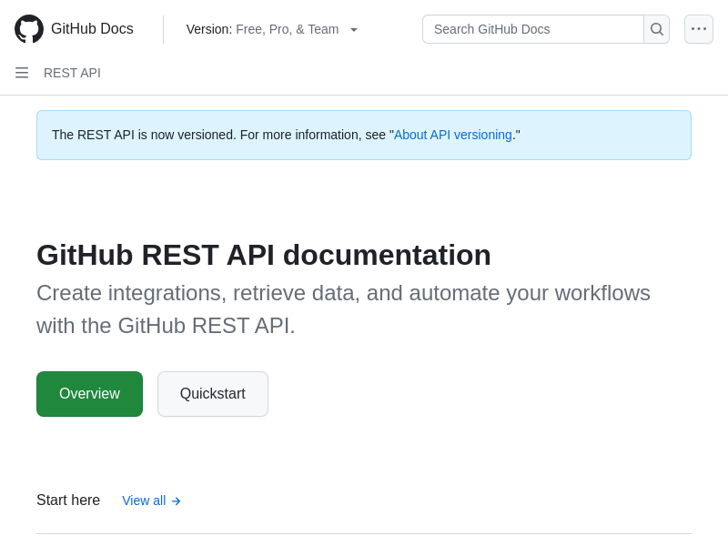 Screenshot of GitHub REST API website