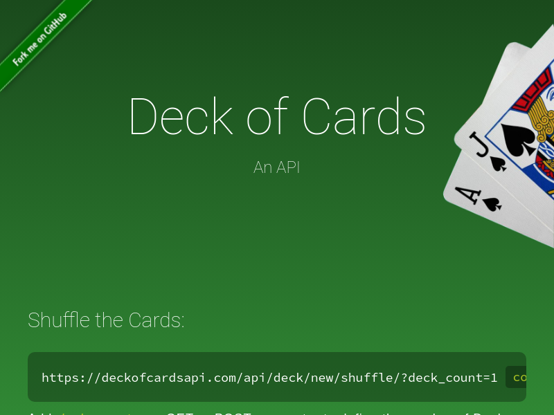 Screenshot of Deck of Cards API website