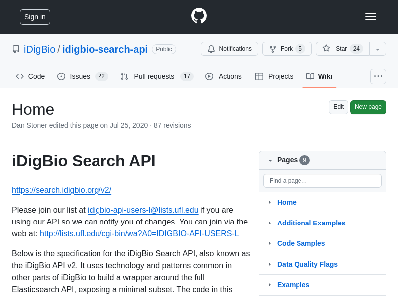 Screenshot of iDigBio Search API website