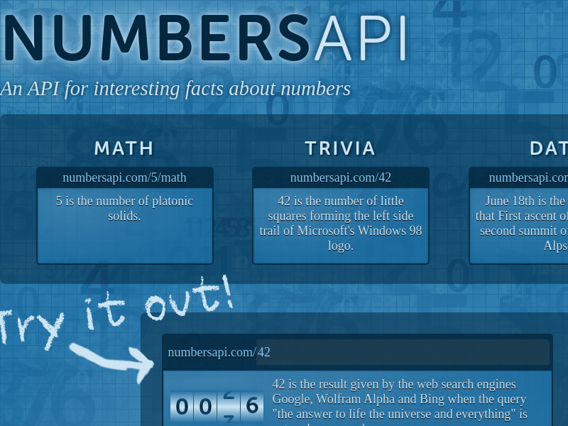 Screenshot of numbersAPI website
