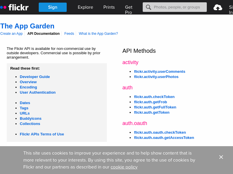 Screenshot of Flickr API website