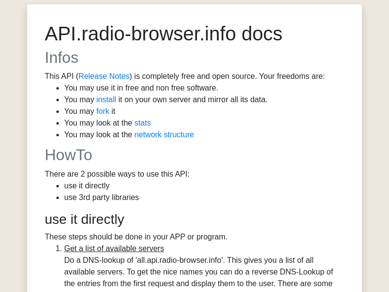 Screenshot of Radio-browser API website