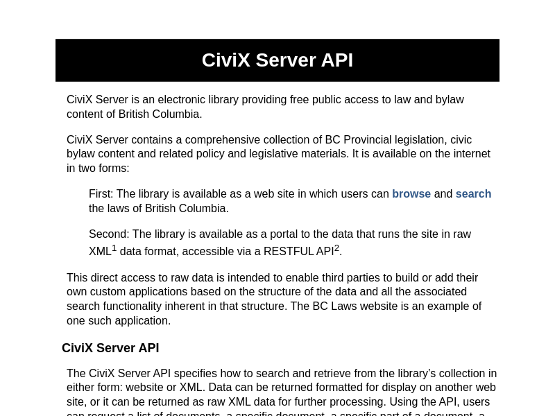 Screenshot of BC Laws API website