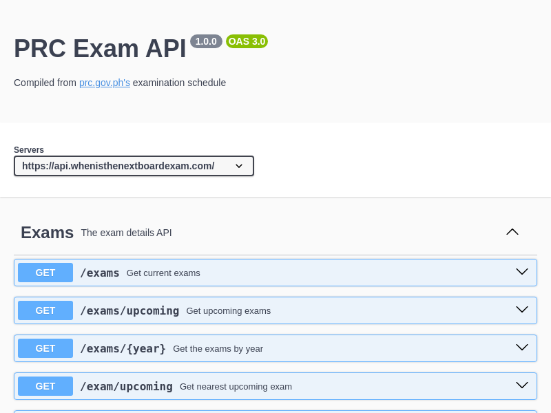 Screenshot of When Is The Next Board Exam API website