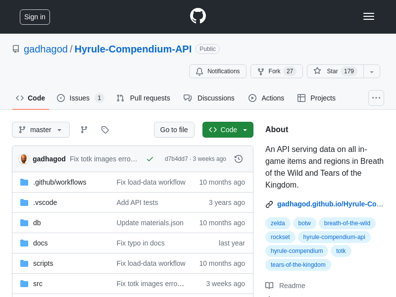Screenshot of Hyrule Compendium API website