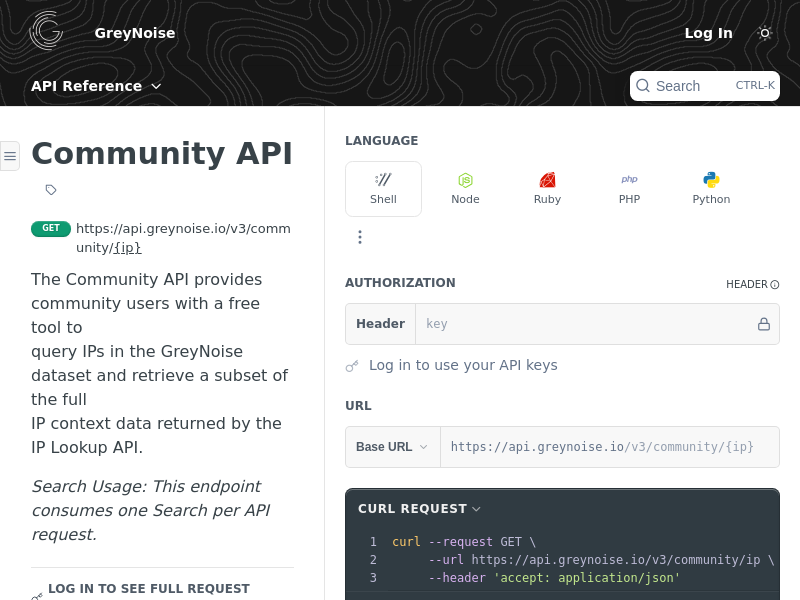 Screenshot of GreyNoise API website