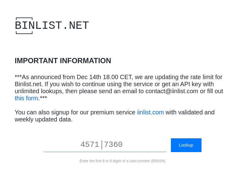 Screenshot of Binlist API website