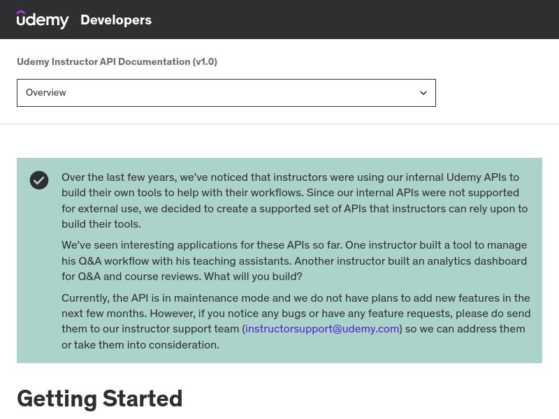 Screenshot of Udemy Instructor API website