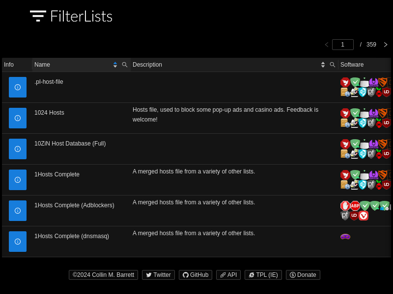 Screenshot of FilterLists website