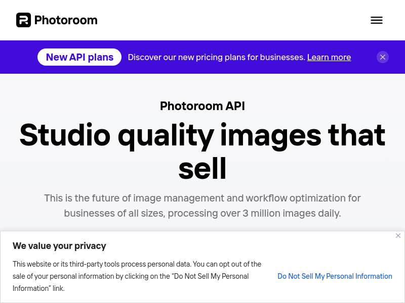 Screenshot of Photoroom API website