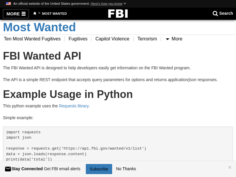 Screenshot of FBI Wanted API website