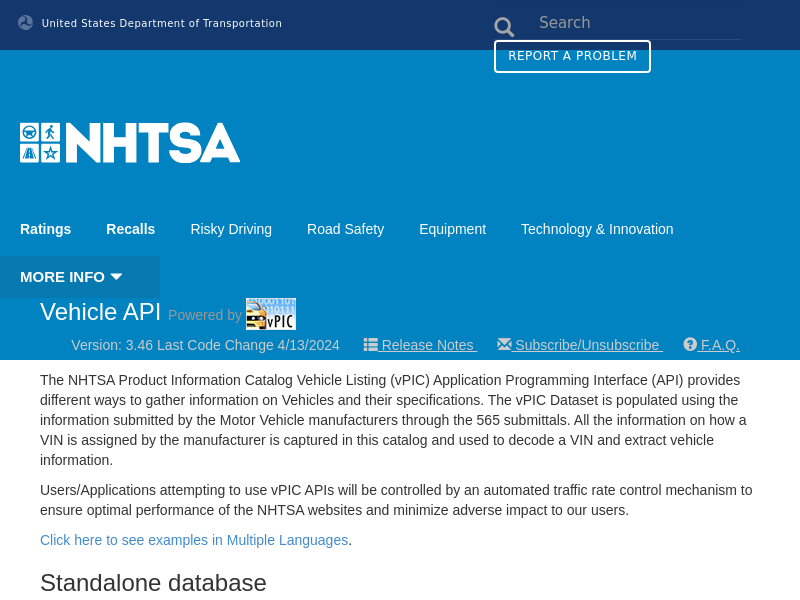 Screenshot of NHTSA Vehicle API website