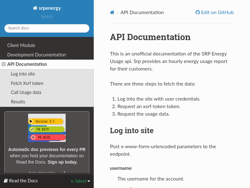 Screenshot of SRP Energy API website