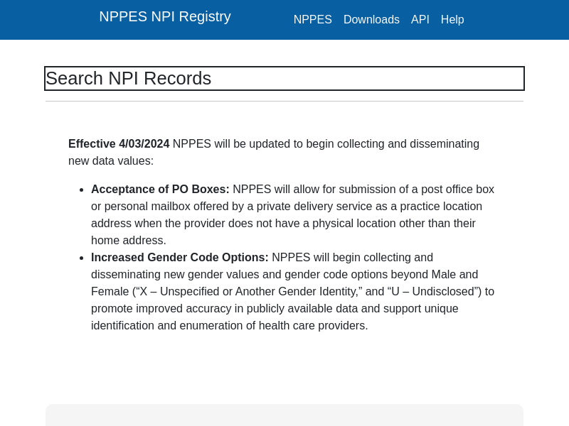 Screenshot of NPIRegistry API website