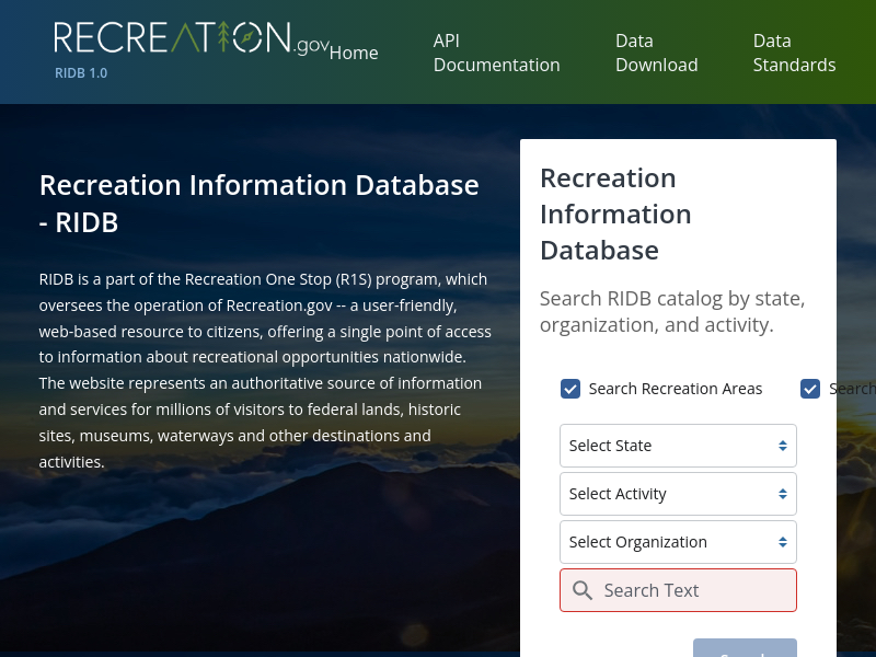 Screenshot of Recreation Information Database (RIDB) website
