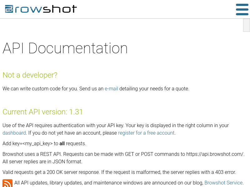Screenshot of Browshot API website