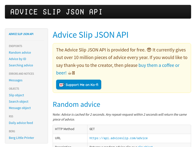 Screenshot of Advice Slip API website