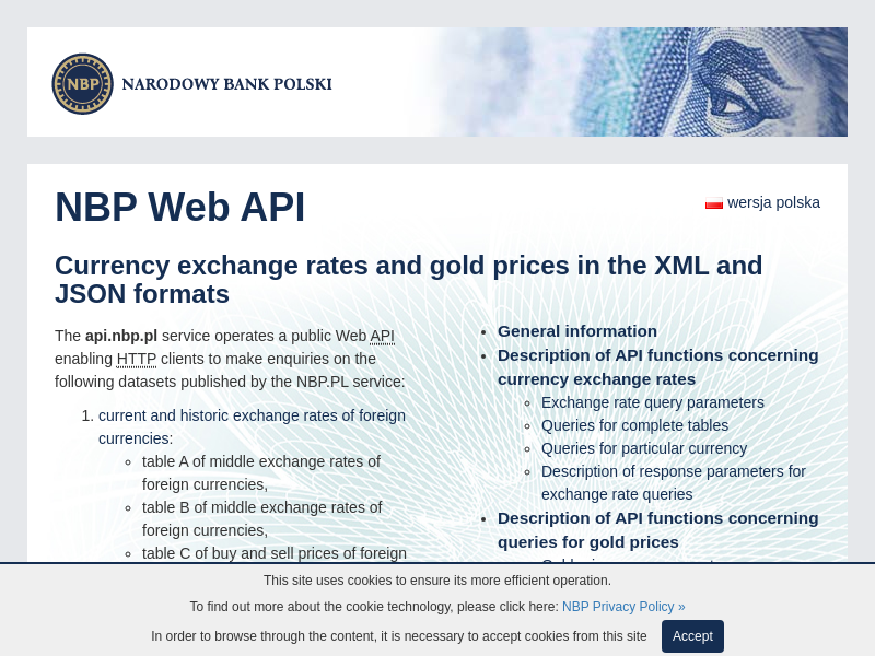 Screenshot of The National Bank Of Poland API website