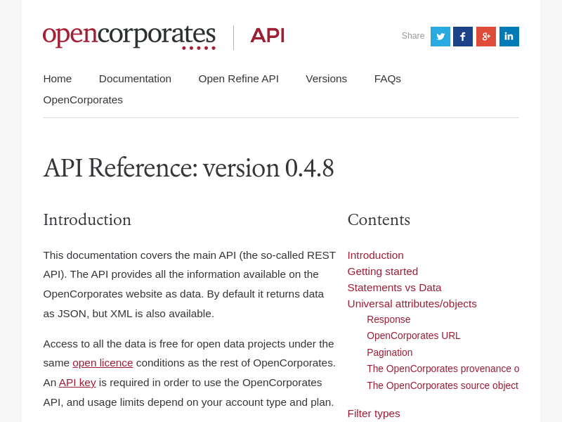 Screenshot of OpenCorporates API website