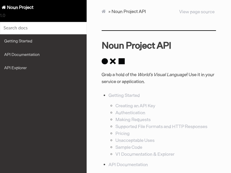 Screenshot of The Noun Project API website