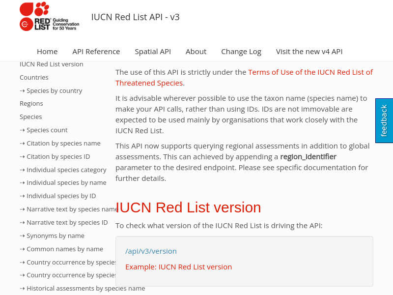 Screenshot of IUCN Red List API v3 website