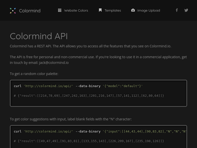 Screenshot of Colormind API website
