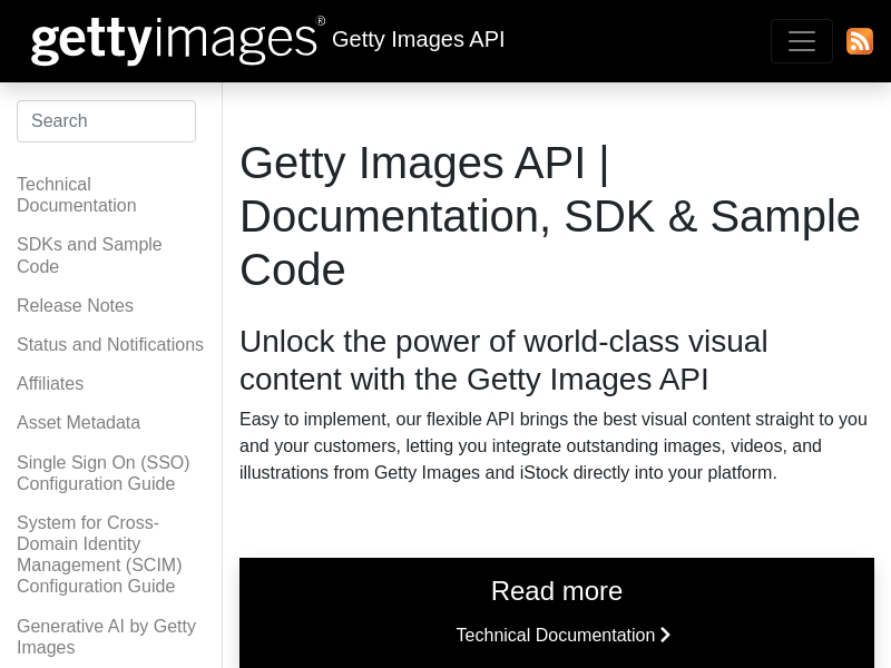Screenshot of Getty Images API website
