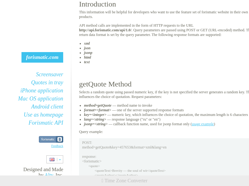 Screenshot of Forismatic API website