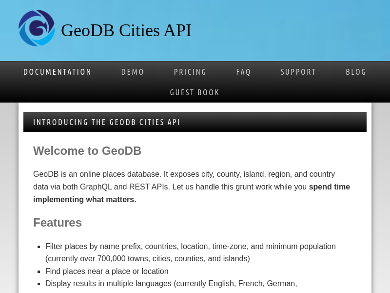 Screenshot of GeoDB Cities API website