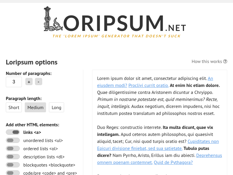 Screenshot of Lorem Ipsum Generator API website