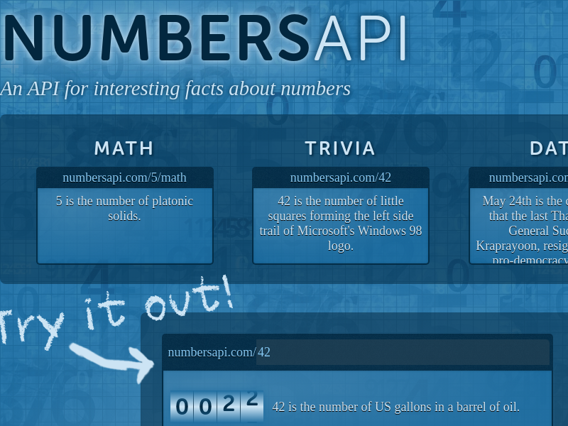 Screenshot of numbersAPI website