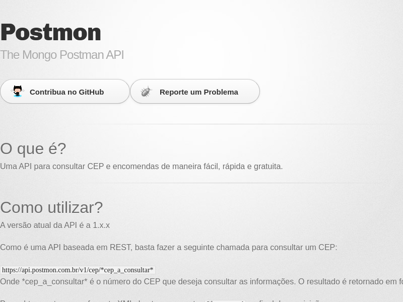 Screenshot of Postmon API website