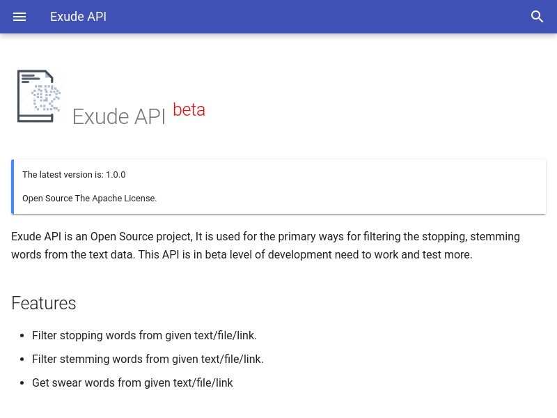 Screenshot of exude API website