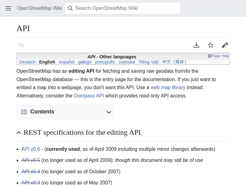 Screenshot of Openstreetmap API website