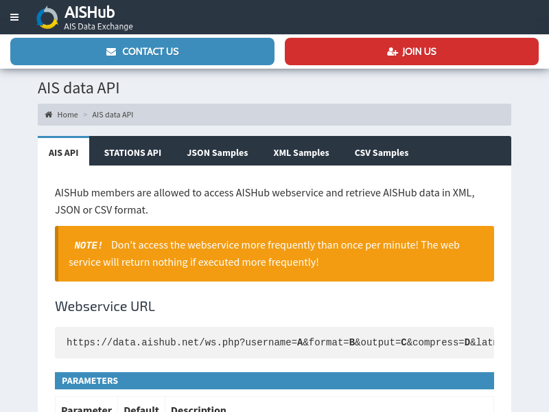 Screenshot of AIS Hub API website