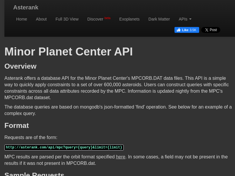 Screenshot of Asterank MPC API website