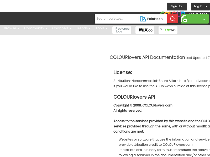 Screenshot of ColourLovers API website