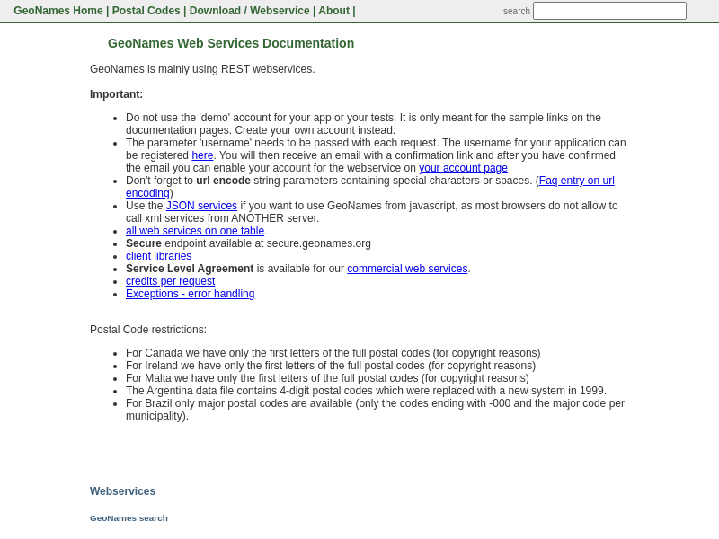 Screenshot of Geonames Web Services API website