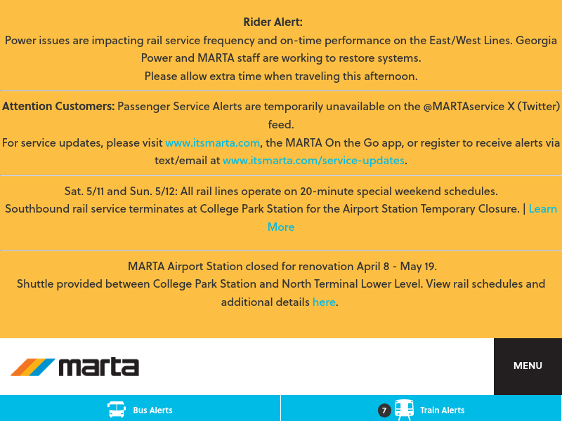 Screenshot of MARTA API website