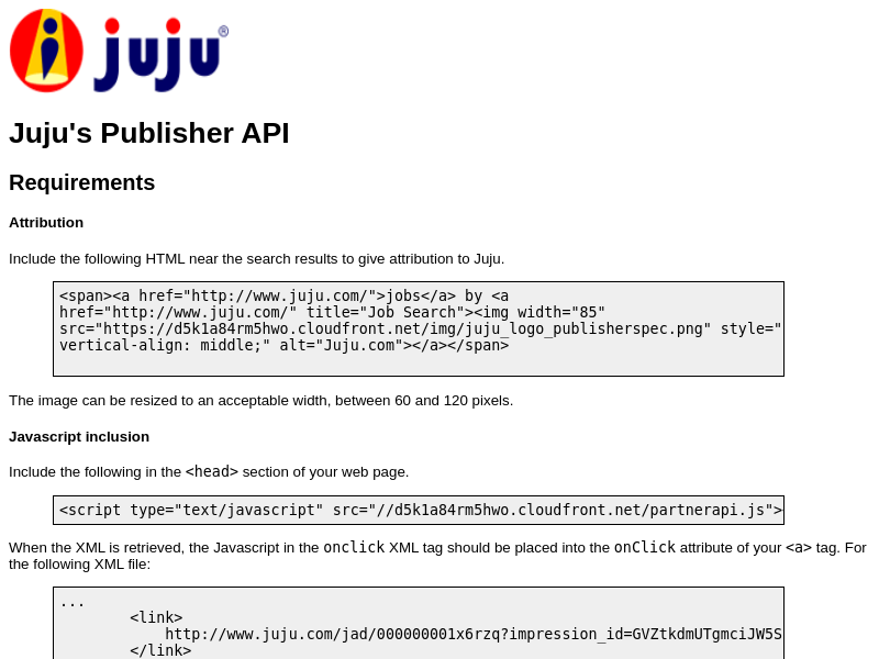 Screenshot of Juju Publisher API website