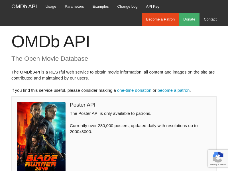 Screenshot of OMDb API website