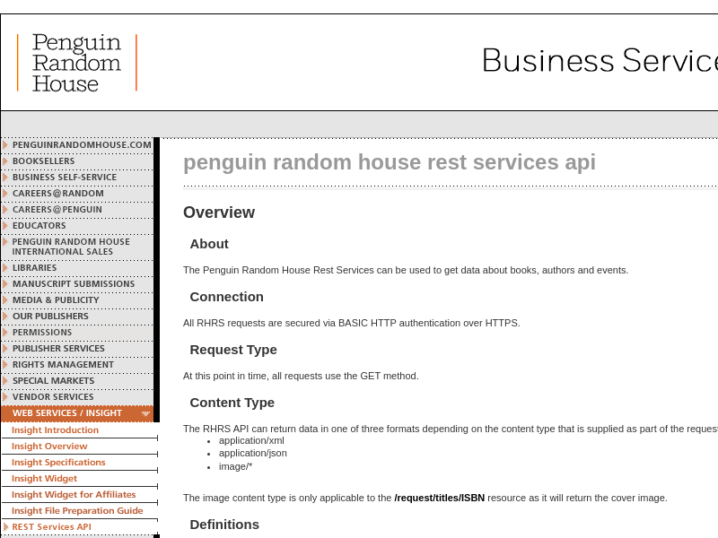 Screenshot of Penguin Random House Book API website
