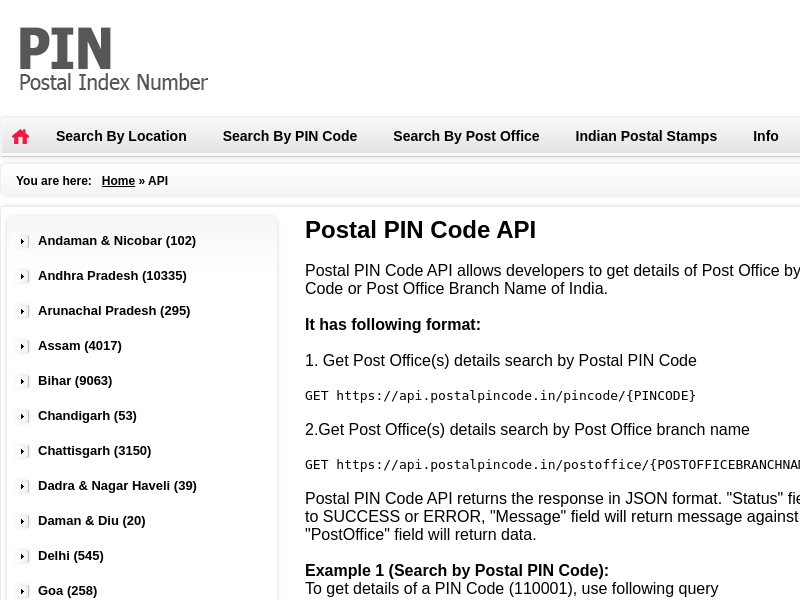 Screenshot of Postal Pincode API website