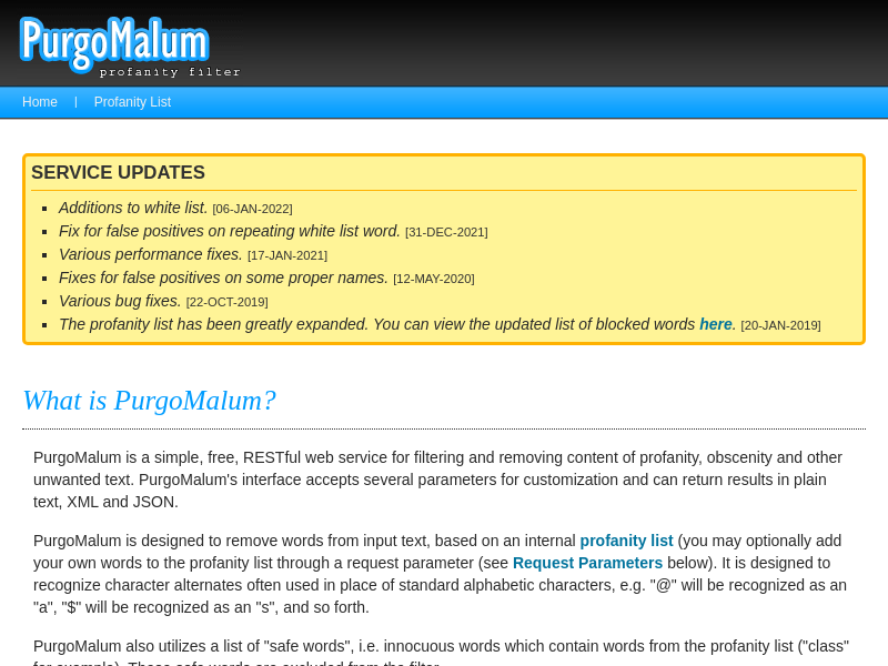 Screenshot of Purgomalum website