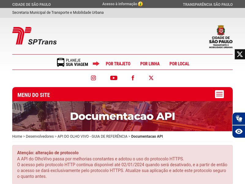Screenshot of SPTrans Olho Vivo API website