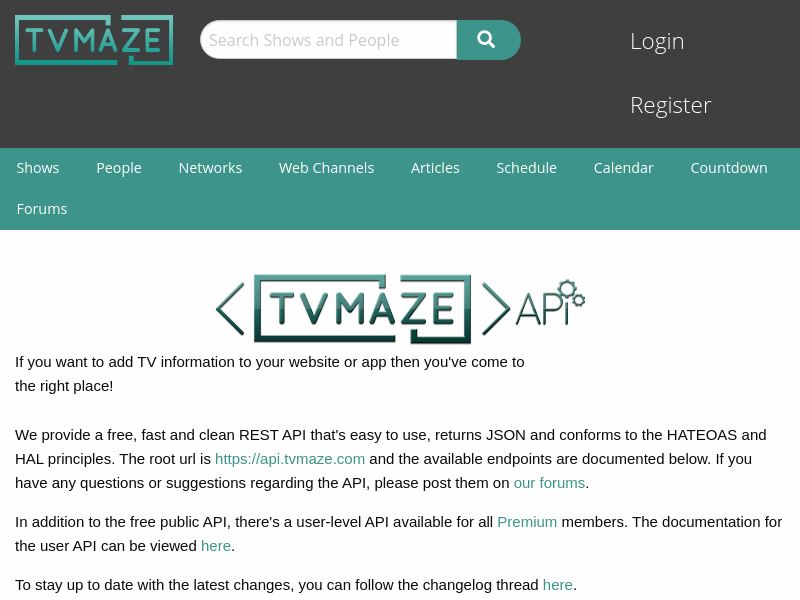 Screenshot of TVmaze API website
