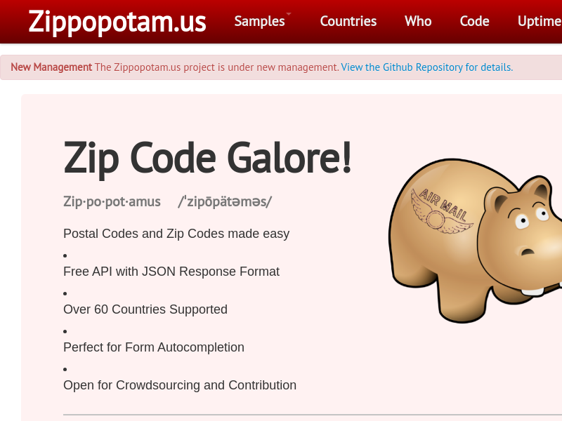 Screenshot of Zippopotamus API website