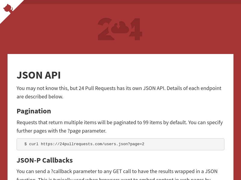 Screenshot of 24PullRequests.com API website