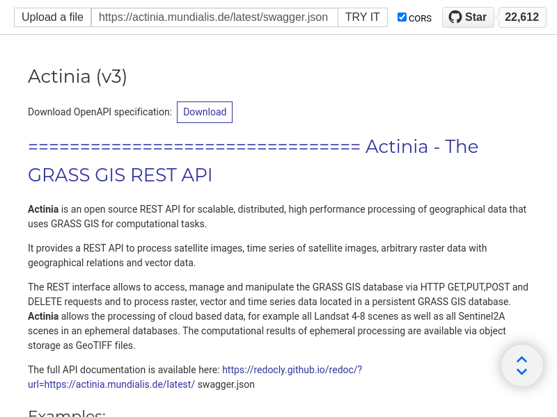 Screenshot of Actinia API website